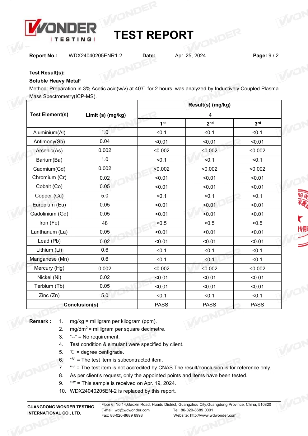 PP / PE EU Lebensmittelkontaktbericht – Seite 10 von 12