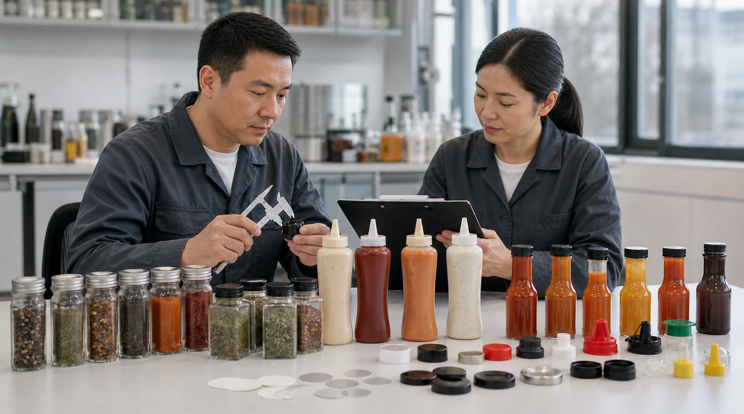 Chinesische Verpackungsingenieure prüfen Gewürzgläser, Saucenflaschen, Quetschflaschen und Verschlüsse