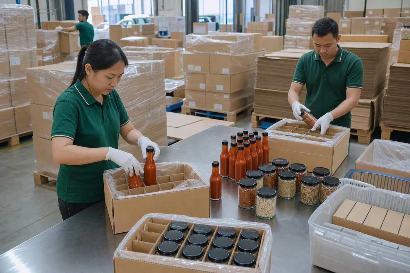 Exportverpackung für Saucenflaschen, Gewürzgläser und Gewürzverpackungen