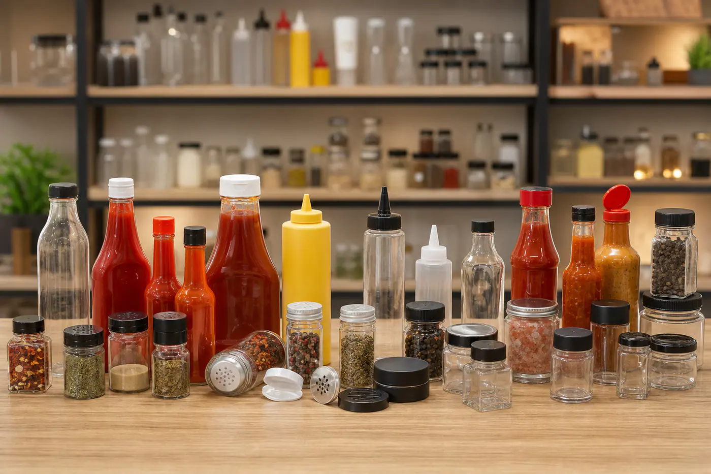 Musterdisplay für Saucenflaschen, Gewürzgläser und Verschlüsse