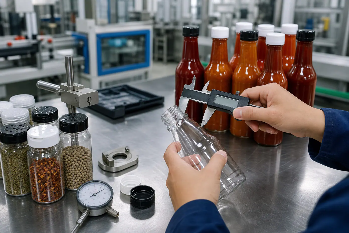 Gracepack Qualitätsprüfung für Saucenflaschen, Gewürzgläser, Kappen und Lebensmittelverpackungen