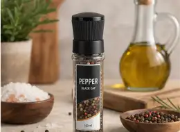 Kompakte Pfeffermühle mit schwarzem Deckel 100 ml Anwendungsszene für Würzverpackungen