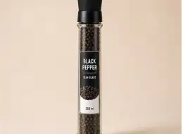 Schlanke Pfeffermühle aus Glas 350 ml Frontansicht für gewerbliche Verpackungsprojekte