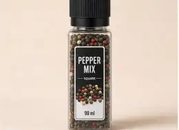 Eckige Pfeffermühle mit schwarzem Deckel 90 ml Frontansicht für gewerbliche Verpackungsprojekte