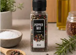 Eckige Pfeffermühle mit schwarzem Deckel 90 ml Anwendungsszene für Würzverpackungen