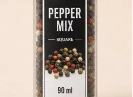 Eckige Pfeffermühle mit schwarzem Deckel 90 ml Material- und Herstellungsdetail