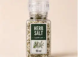 Eckige Gewürzmühle mit transparentem Deckel 90 ml Frontansicht für gewerbliche Verpackungsprojekte