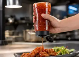 Kopfstehende Quetschflaschen für Sweet-Chili-Sauce Anwendungsszene für Würzverpackungen