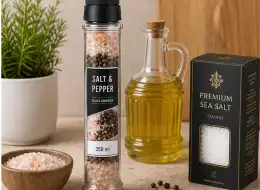 Hohe Salz- und Pfeffermühle aus Glas 350 ml Anwendungsszene für Würzverpackungen